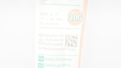 Braun 4252543-02 Introcan Safety IV Cath. 20G x1inch 65ml/min